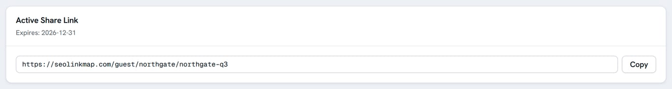The active share link card: the full share URL with a copy button and the date the link stops working.
