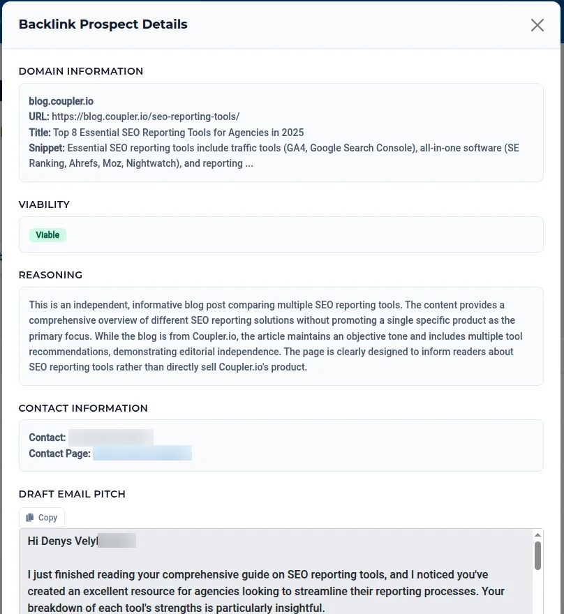 Backlink Prospect Details showing comprehensive reasoning, contact information, and personalized outreach email