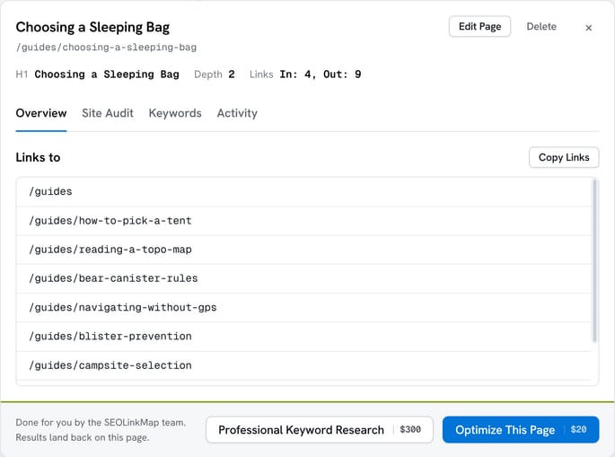 LinkMap page detail panel listing a page URL, title, internal PageRank and its inbound and outbound link relationships