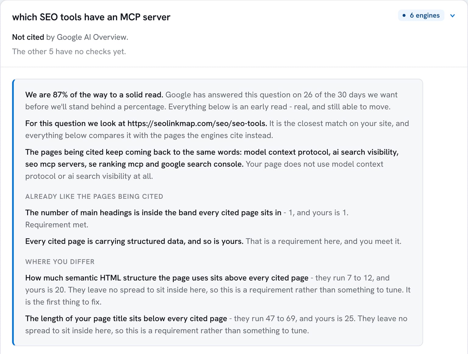 Plain-English verdict for one prompt: what the cited pages have in common, what your page already matches, and where it differs