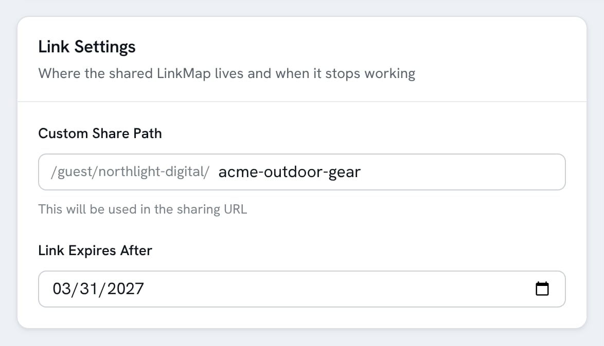 Share link settings with a custom path and an expiry date