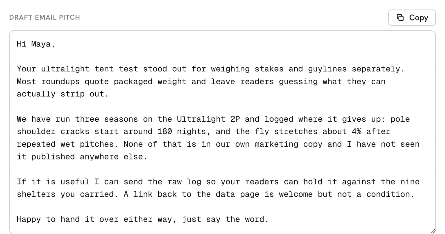 Drafted outreach email pitch written against what the prospect actually published